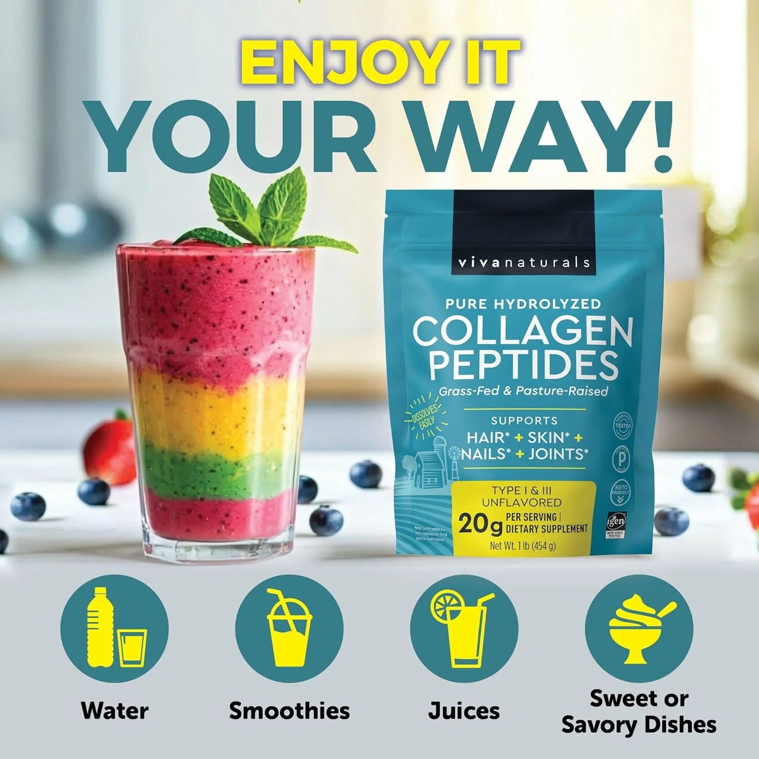 پودر پپتیدهای کلاژن هیدرولیز شده Viva Naturals، ۴۵۰ گرم - کلاژن گاوی تغذیه شده با علف و پرورش یافته در مراتع، نوع I و III، پودر بدون طعم برای مو، پوست و ناخن پودر پپتیدهای کلاژن هیدرولیز شده Viva Naturals، ۴۵۰ گرم - کلاژن گاوی تغذیه شده با علف و پرورش یافته در مراتع، نوع I و III، پودر بدون طعم برای مو، پوست و ناخن