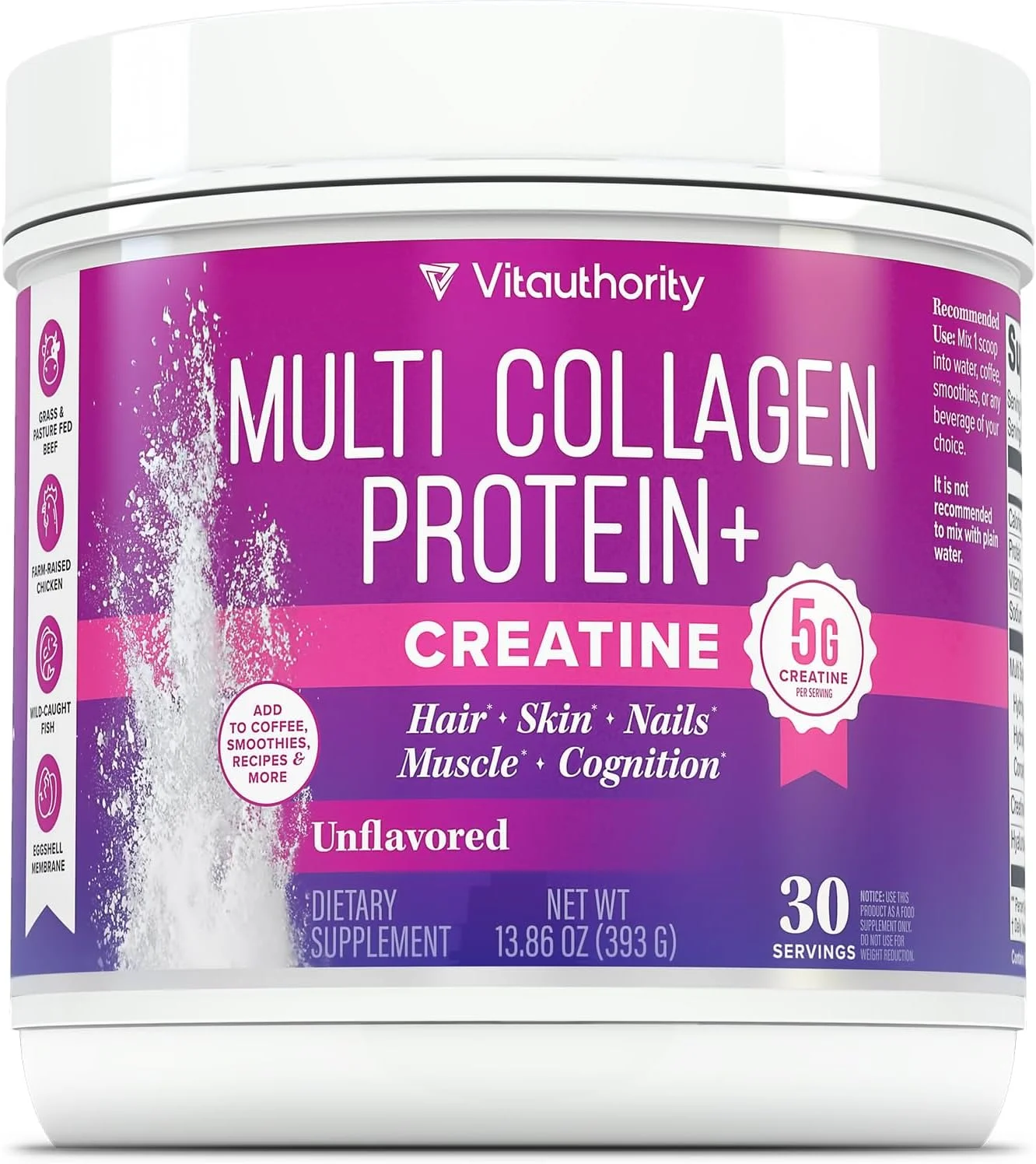 پروتئین کلاژن چندگانه + کراتین | ۵ گرم کراتین مونوهیدرات با کلاژن نوع I، II، III، V & X | پشتیبانی از مو، پوست، ناخن، عضله و عملکرد | ویتامین C و اسید هیالورونیک، ۳۰ سروینگ بدون طعم