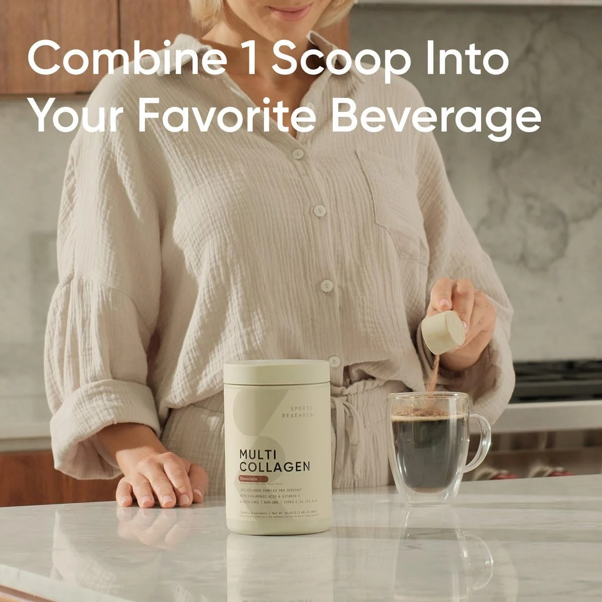 پودر پروتئین کلاژن چندگانه اسپورتس ریسرچ (نوع I، II، III، V، X) با اسید هیالورونیک + ویتامین C | 5 نوع کلاژن غذایی، 30 سروینگ (شکلاتی)