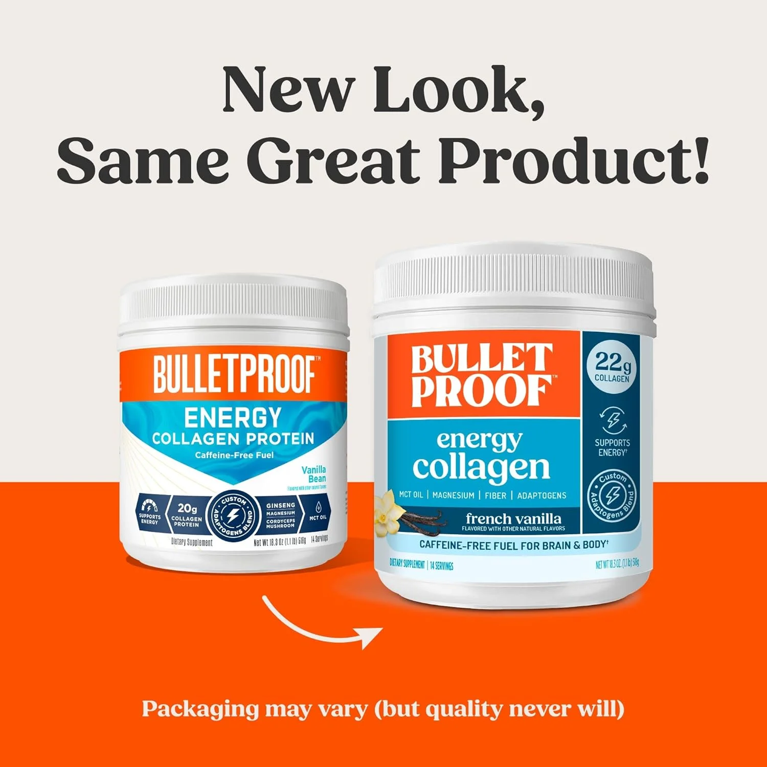 پودر پروتئین کلاژن انرژی با طعم وانیل، 518 گرم، سوخت بدون کافئین با ویتامین ها و آنتی اکسیدان ها، بسته بندی ممکن است متفاوت باشد