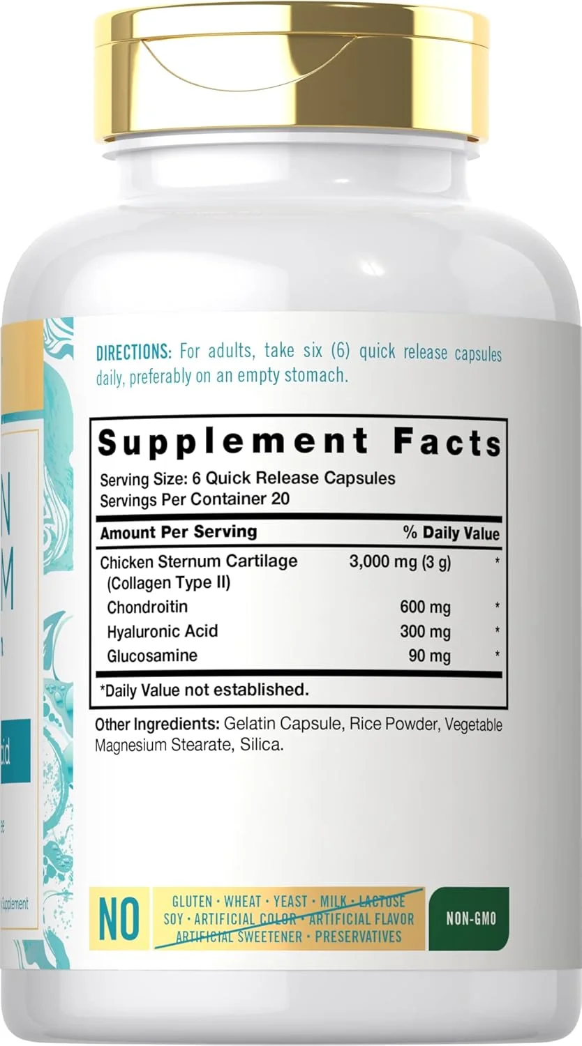 کپسول های کلاژن غضروف جناغ سینه مرغ کارلایل | نوع II 3000 میلی گرم | 120 عدد | حاوی اسید هیالورونیک | غیر GMO، بدون گلوتن