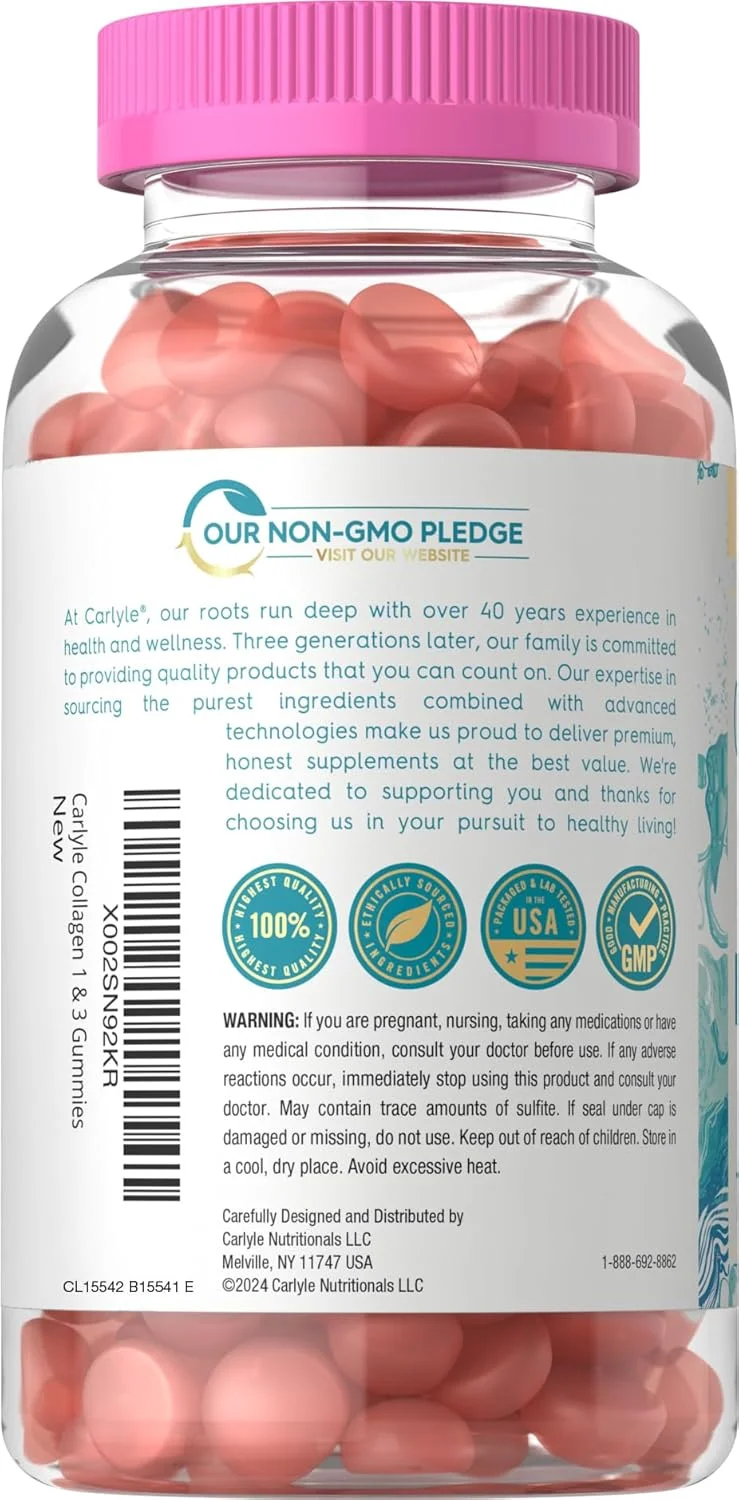 پاستیل کلاژن کارلایل | مکمل زیبایی با طعم توت فرنگی | پپتیدهای کلاژن هیدرولیز شده برای زنان و مردان | نوع 1 و 3 | غیر GMO، بدون گلوتن