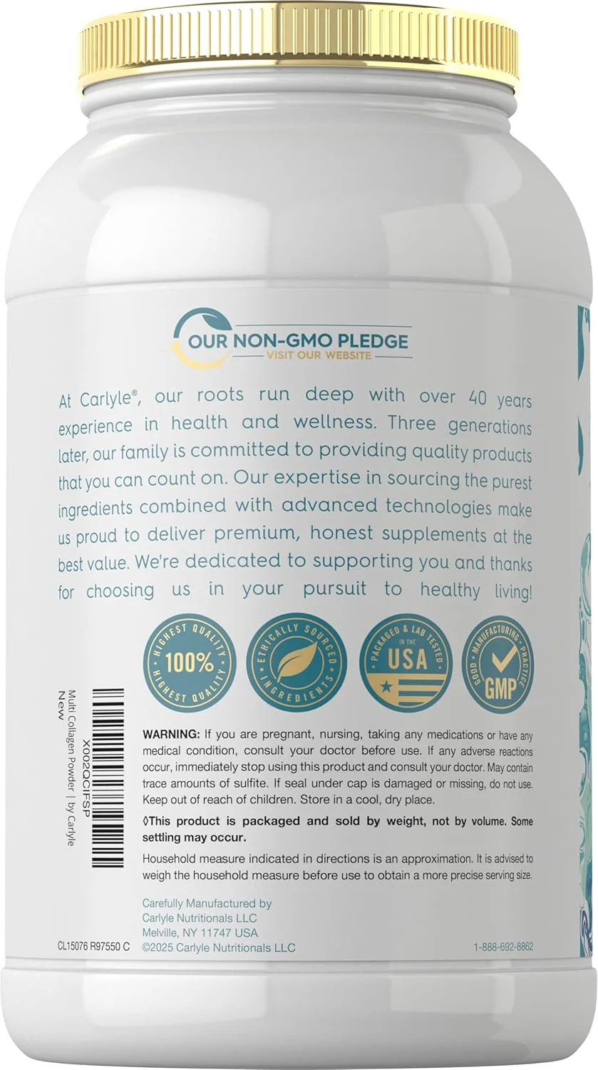 پودر پپتیدهای کلاژن چندگانه کارلایل 1134 گرم | 10000 میلی گرم | انواع I، II، III، V، X | ترکیب مکمل با پروتئین | منابع غذایی چندگانه | غیر GMO، بدون گلوتن