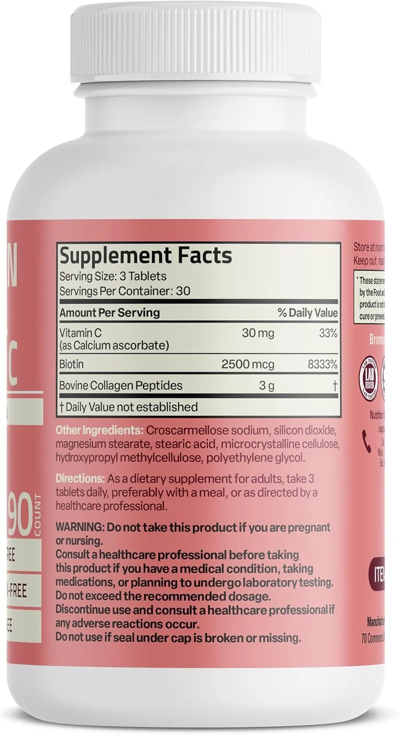 پپتیدهای کلاژن برونسون 3000 میلی گرم (در هر وعده) با بیوتین و ویتامین C - برای حمایت از مو، پوست و ناخن، غیر GMO، 90 قرص