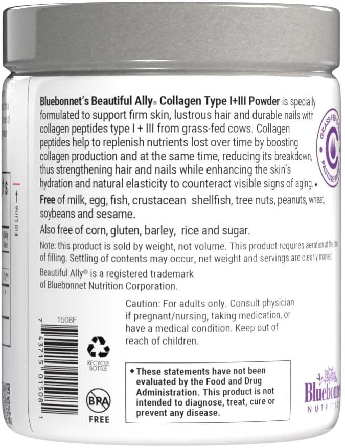 پودر کلاژن Beautiful Ally بلو بونت نوتریشن، کلاژن هیدرولیز شده از گاوهای تغذیه شده با علف، پپتیدهای کلاژن نوع 1 و 3، غیر تراریخته، بدون گلوتن، بدون سویا، بدون شیر، 28 سروینگ، بدون شیرین کننده، 195 گرم