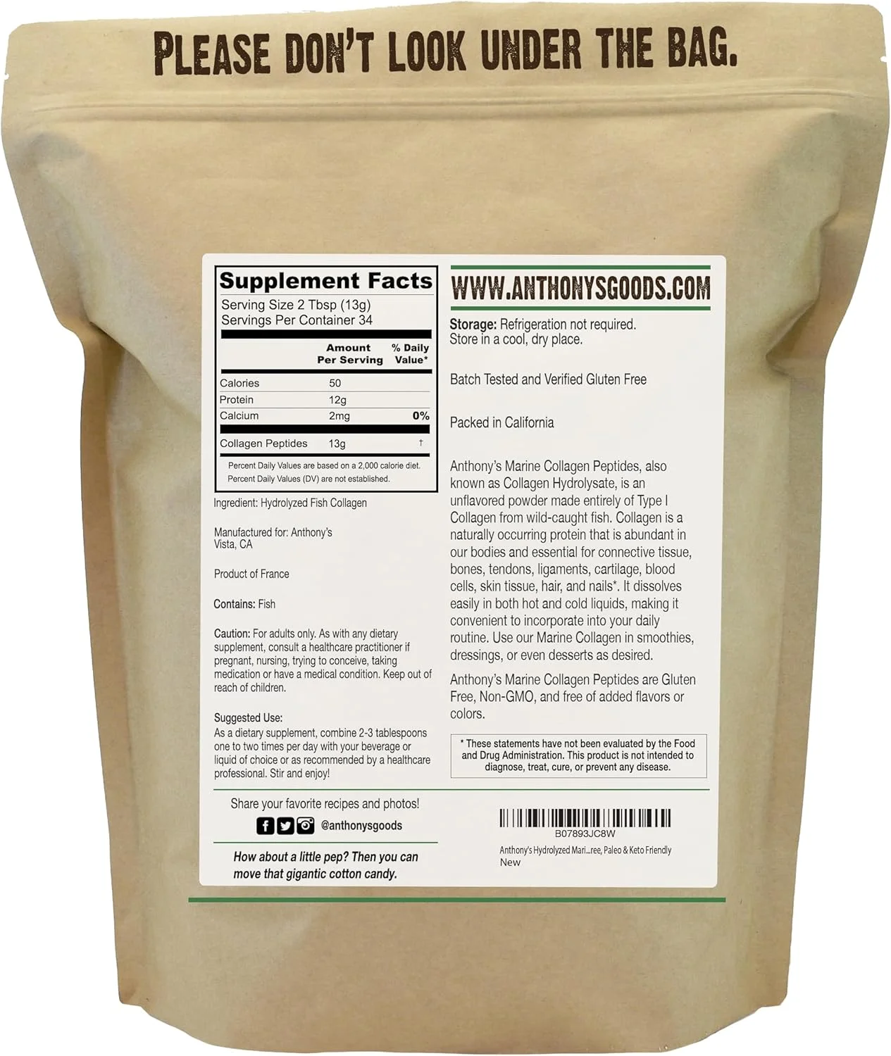 پپتیدهای کلاژن دریایی هیدرولیز شده آنتونی، بدون گلوتن، مناسب برای رژیم پالئو و کتو، بدون طعم، 450 گرم پپتیدهای کلاژن دریایی هیدرولیز شده آنتونی، بدون گلوتن، مناسب برای رژیم پالئو و کتو، بدون طعم، 450 گرم