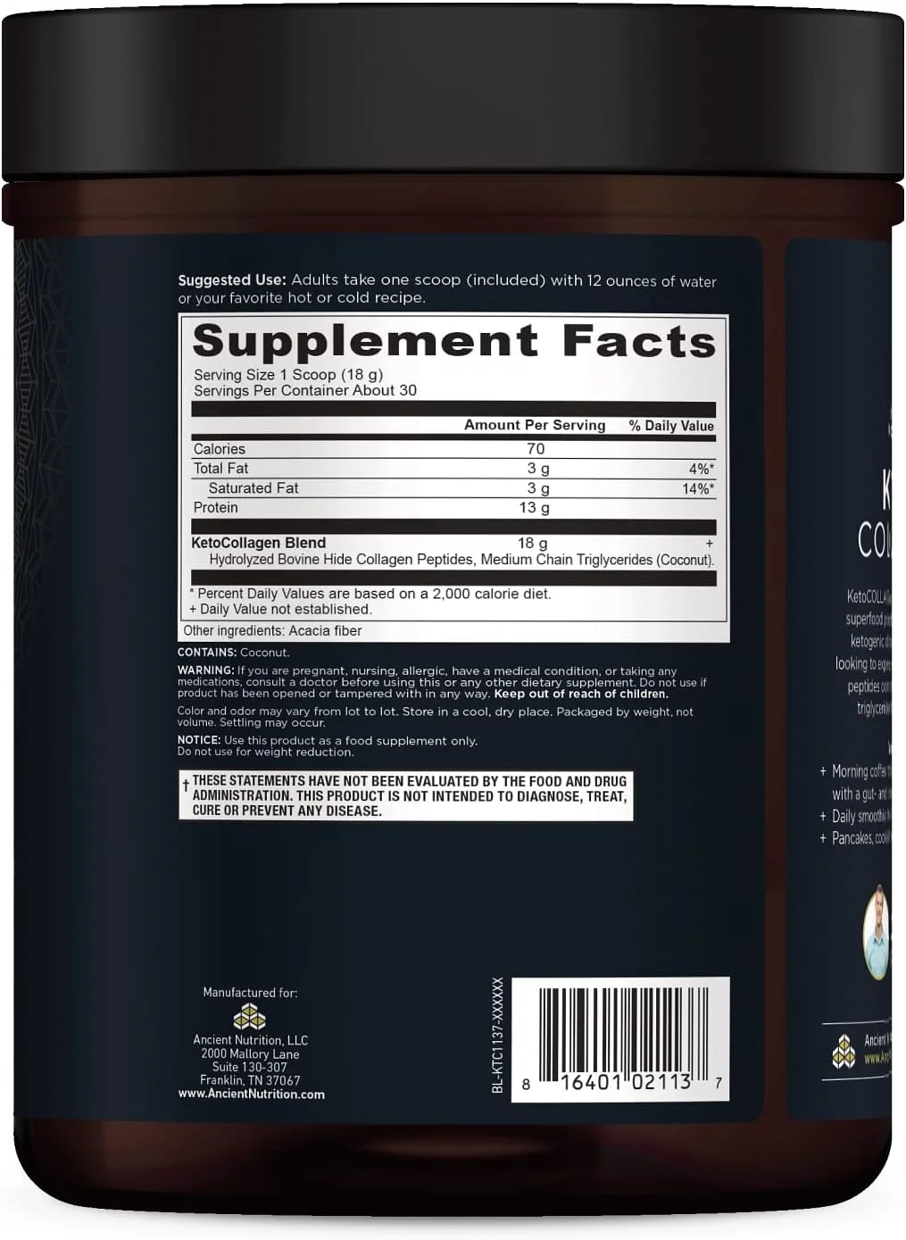 پودر نوشیدنی کلاژن کتو Ancient Nutrition، مکمل رژیم کتو با MCT، پپتیدهای کلاژن هیدرولیز شده برای حمایت از پوست و مفاصل سالم، 30 سروینگ، 538 گرم (بسته بندی ممکن است متفاوت باشد)