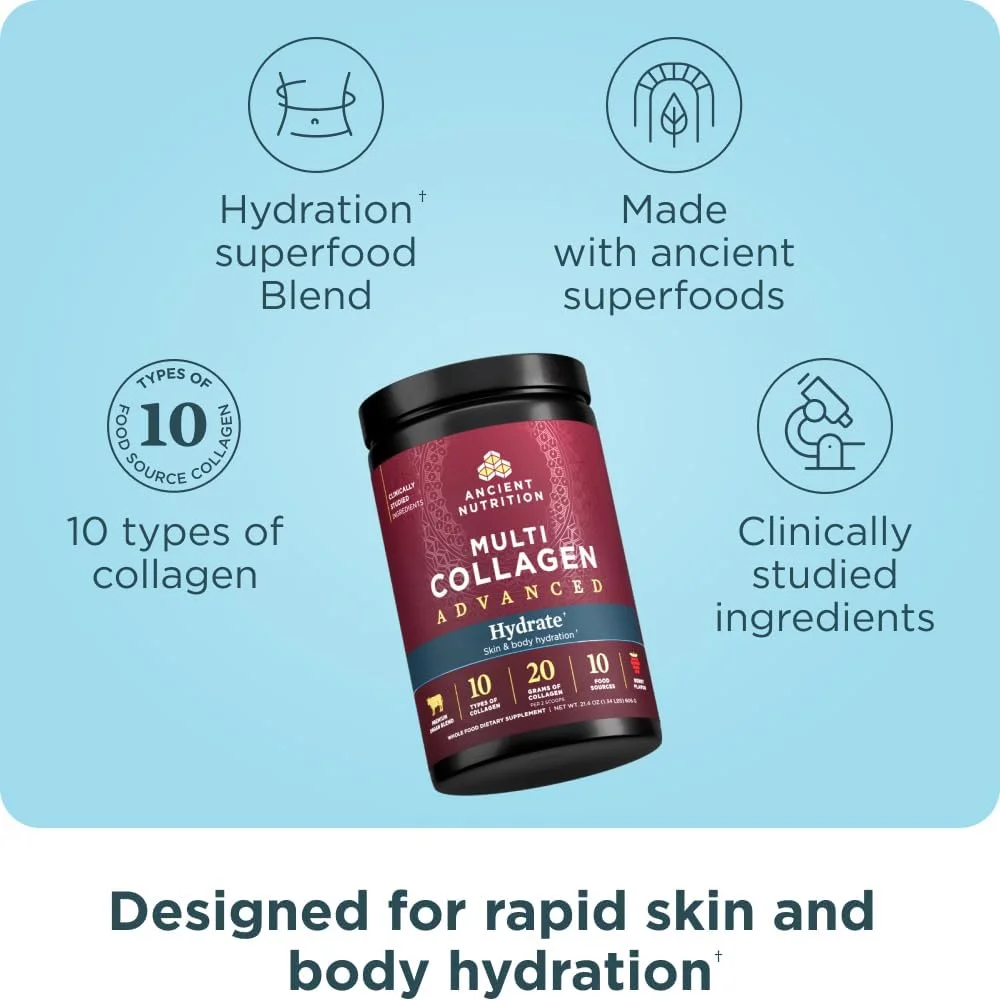 پودر پروتئین کلاژن چندگانه پیشرفته Ancient Nutrition Hydrate، توت مخلوط، 30 سروینگ پودر پروتئین کلاژن چندگانه پیشرفته Ancient Nutrition Hydrate، توت مخلوط، 30 سروینگ