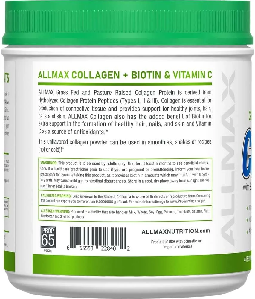 کلاژن تغذیه شده با علف و پرورش یافته در مراتع ALLMAX Nutrition با 10000 میکروگرم بیوتین + 90 میلی گرم ویتامین C، بدون طعم، 440 گرم کلاژن تغذیه شده با علف و پرورش یافته در مراتع ALLMAX Nutrition با 10000 میکروگرم بیوتین + 90 میلی گرم ویتامین C، بدون طعم، 440 گرم