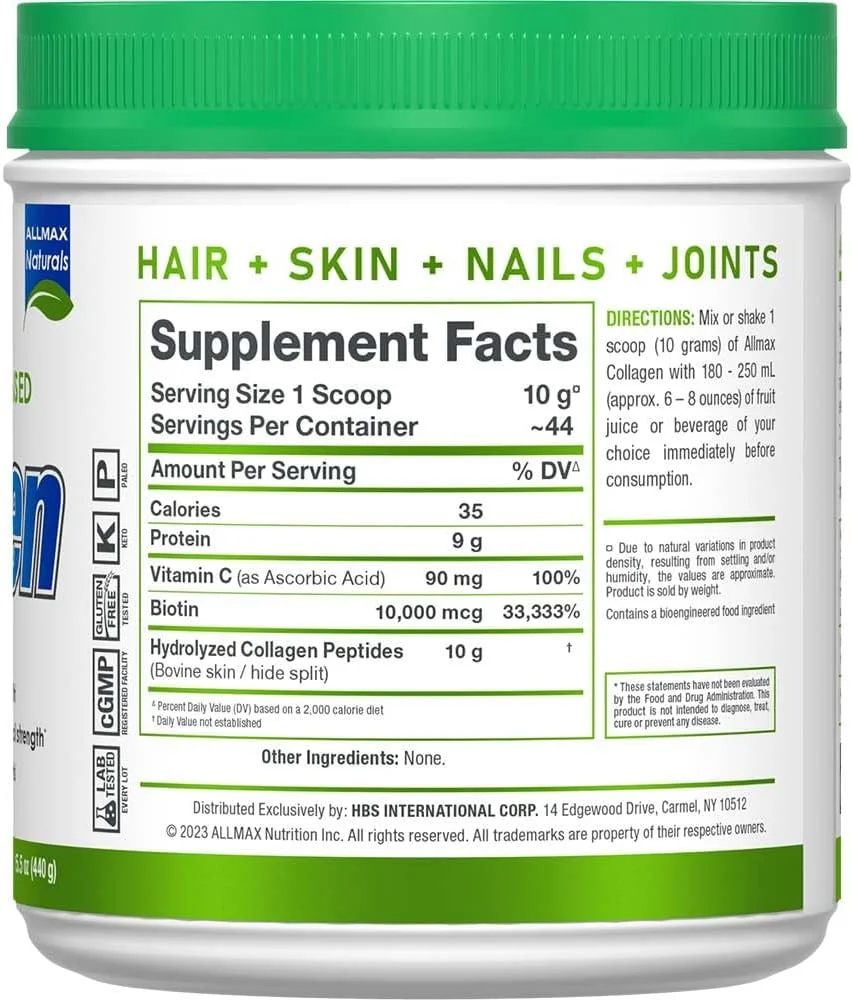 کلاژن تغذیه شده با علف و پرورش یافته در مراتع ALLMAX Nutrition با 10000 میکروگرم بیوتین + 90 میلی گرم ویتامین C، بدون طعم، 440 گرم کلاژن تغذیه شده با علف و پرورش یافته در مراتع ALLMAX Nutrition با 10000 میکروگرم بیوتین + 90 میلی گرم ویتامین C، بدون طعم، 440 گرم