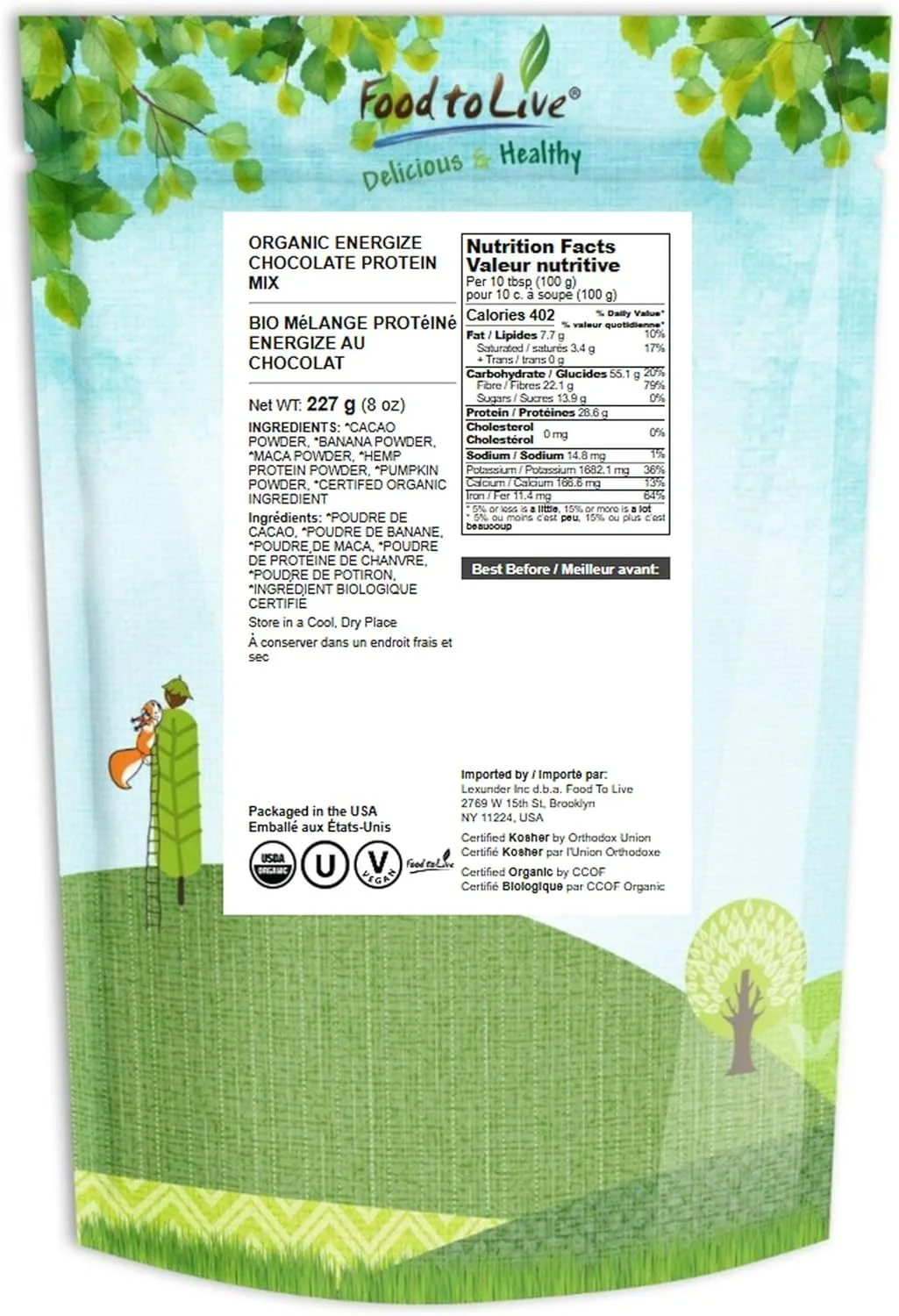 مخلوط پروتئین شکلاتی انرژیزا ارگانیک فود تو لایو، 227 گرم – ترکیبی گیاهی با پروتئین شاهدانه و کدو تنبل. پودر کاکائو، موز و ماکا. ایدهآل برای اسموتی و شیک. وگان، کوشر، عمده مخلوط پروتئین شکلاتی انرژیزا ارگانیک فود تو لایو، 227 گرم – ترکیبی گیاهی با پروتئین شاهدانه و کدو تنبل. پودر کاکائو، موز و ماکا. ایدهآل برای اسموتی و شیک. وگان، کوشر، عمده