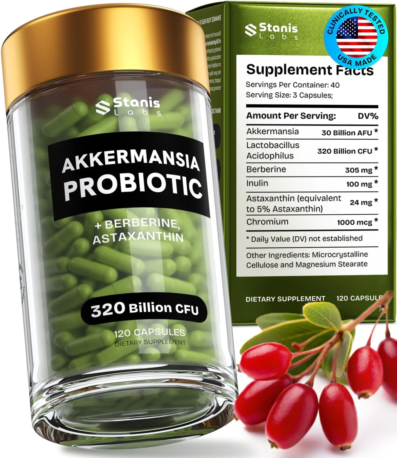 پروبیوتیک آکرمانسیا موسینیفیلا 320 میلیارد CFU | پروبیوتیک و پری‌بیوتیک | پروبیوتیک آکرمانسیا برای سلامت روده | کپسول فیبر پری‌بیوتیک اینولین آستاگزانتین و بربرین و کروم 120 عدد