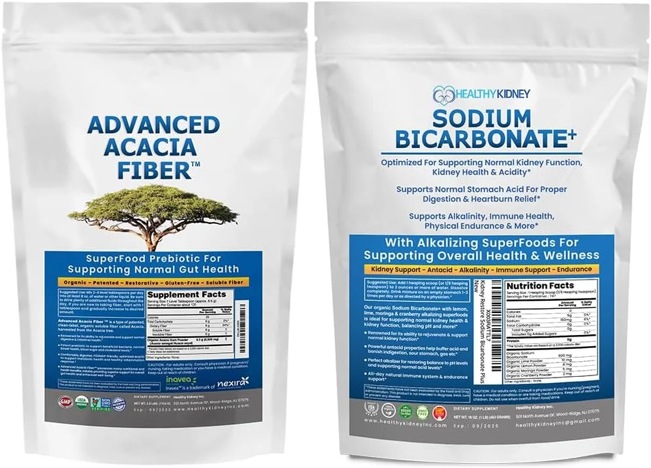 پودر فیبر اقاقیا پیشرفته، بسته 1.13 کیلوگرمی (1130 گرم) پودر فیبر محلول برای ترمیم روده + مکمل قلیایی بی کربنات سدیم ارگانیک برای قلیاییت، 680 گرم