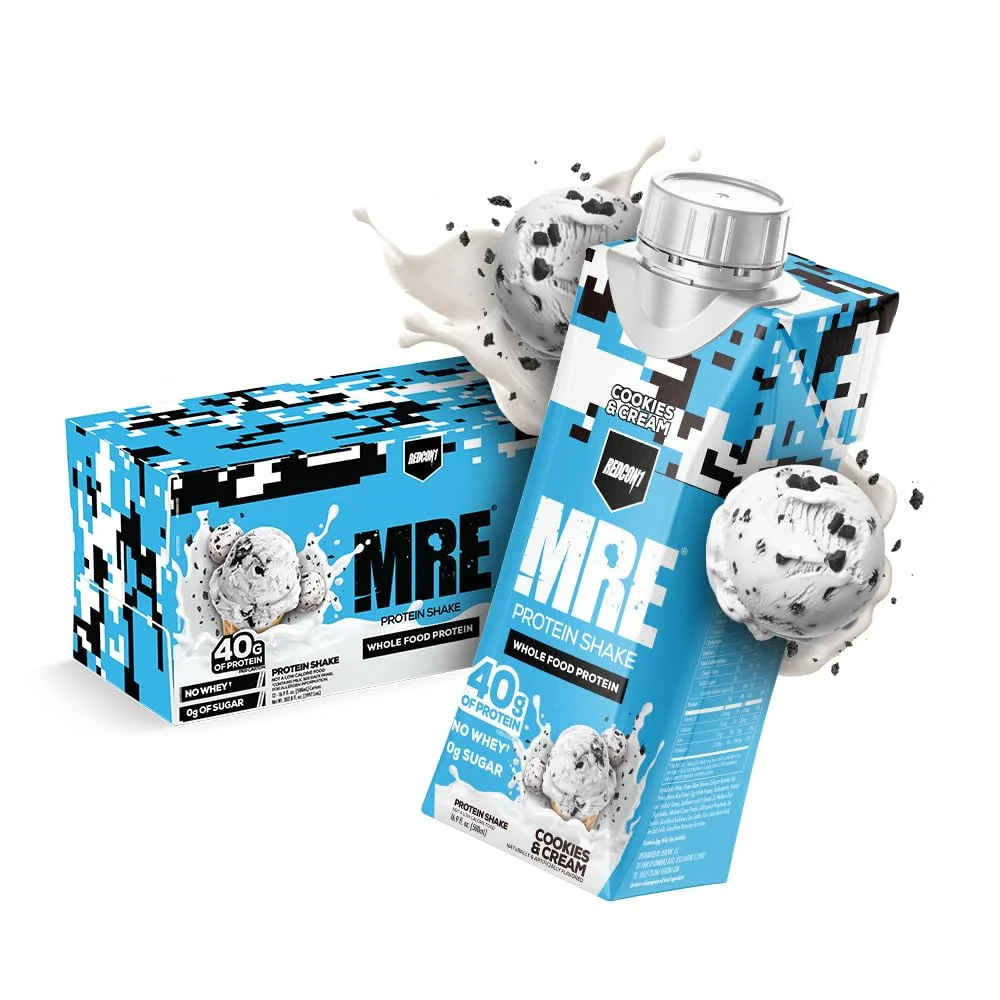 نوشیدنی پروتئینی آماده مصرف رِدکان وان MRE، طعم کوکی و خامه - پروتئین RTD فاقد لاکتوز و وی، ساخته شده با ترکیبات پروتئینی غذایی کامل - مناسب برای رژیم کتو و شیک تغذیه‌ای با هضم آسان (بسته 12 عددی)