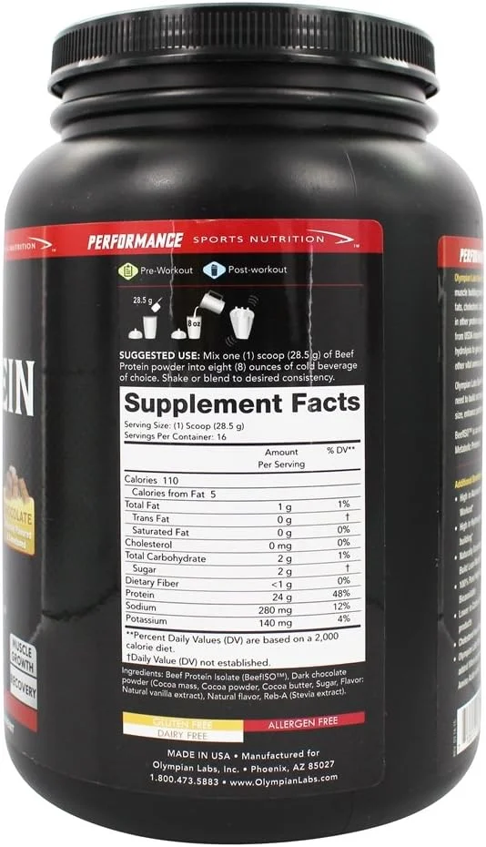 پودر پروتئین ایزوله گوشت المپین لبز، 24 گرم پروتئین، بدون BST، 2 گرم BCAA، آمینو اسیدهای عضله ساز، 1 پوند، طعم دار با شکلات واقعی