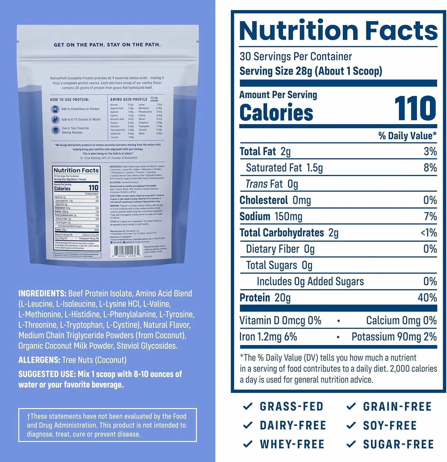 پودر پروتئین ایزوله گوشت گاو NativePath – تغذیه شده با علف، پرورش یافته در مراتع، بدون لبنیات و لاکتوز، بدون گلوتن، بدون شکر، حاوی MCT و آمینو اسیدها – 20 گرم پروتئین، طعم وانیل، 30 سروینگ