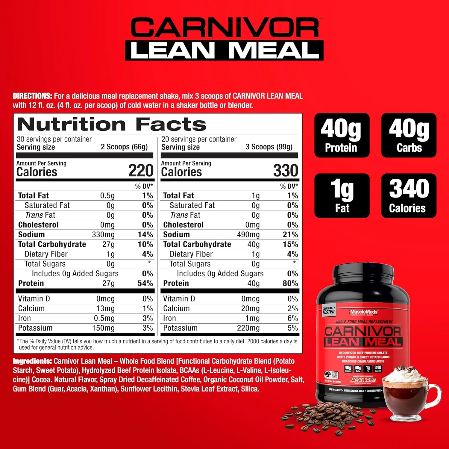 شیک جایگزین غذای کامل MuscleMeds CARNIVOR Lean Meal، MRE، پروتئین ایزوله گوشت گاو، سیب زمینی سفید، سیب زمینی شیرین، 40 گرم پروتئین، 40 گرم کربوهیدرات، بدون لاکتوز، بدون شکر، موکا لاته 20 سروینگ