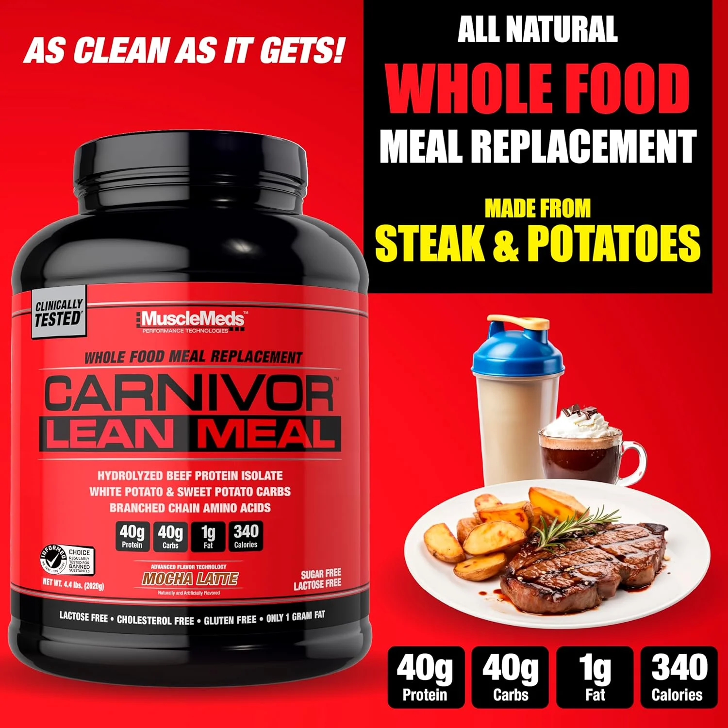 شیک جایگزین غذای کامل MuscleMeds CARNIVOR Lean Meal، MRE، پروتئین ایزوله گوشت گاو، سیب زمینی سفید، سیب زمینی شیرین، 40 گرم پروتئین، 40 گرم کربوهیدرات، بدون لاکتوز، بدون شکر، موکا لاته 20 سروینگ
