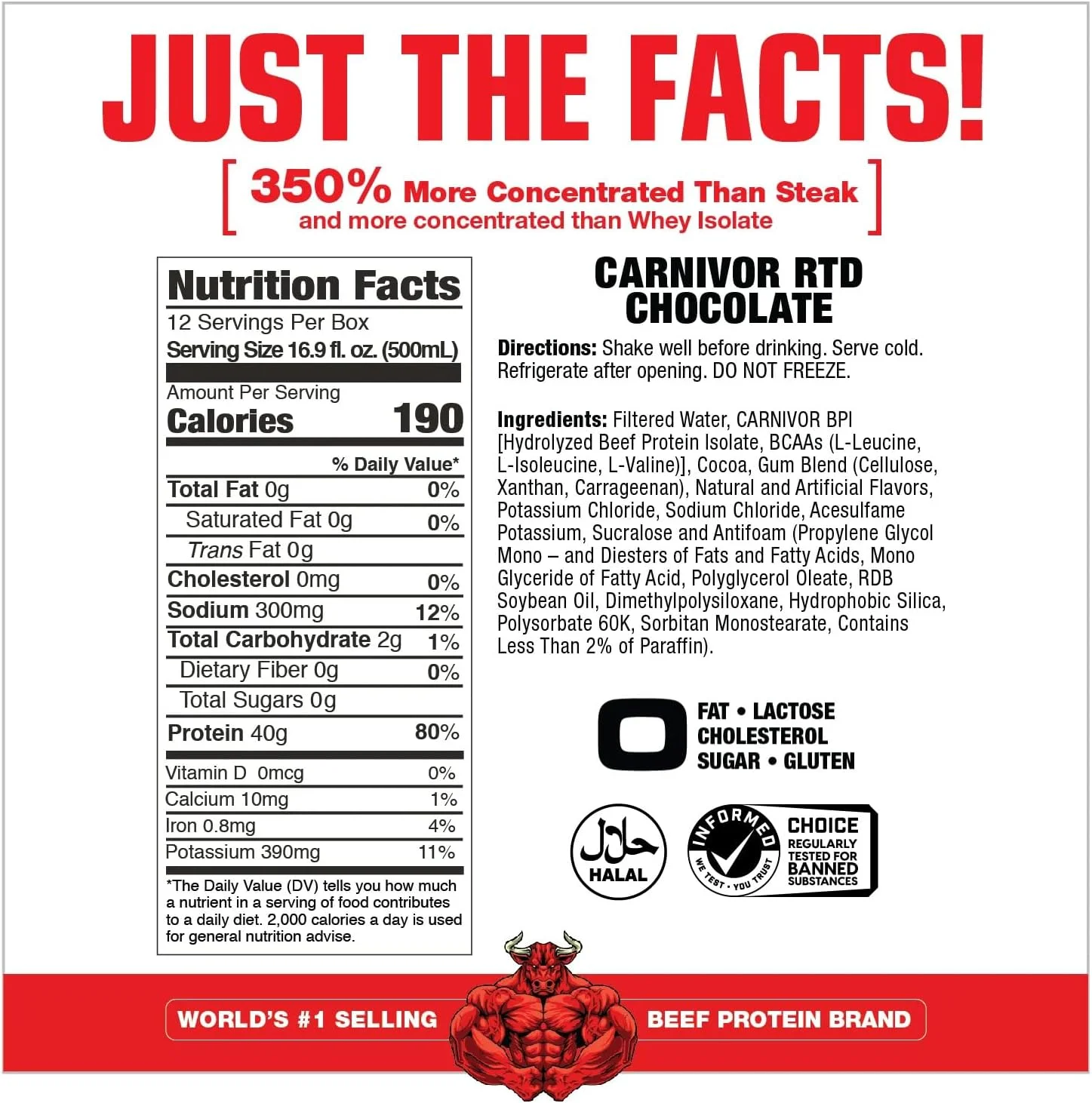 نوشیدنی پروتئینی آماده مصرف MuscleMeds Carnivor RTD، بدون لاکتوز، بدون شکر، حاوی 40 گرم پروتئین ایزوله، عضله ساز، ریکاوری، شکلاتی، 500 میلی لیتر (بسته 12 عددی)