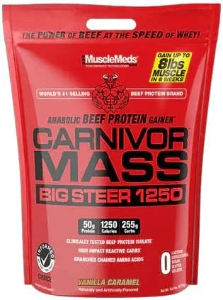 گینر پروتئین گوشت گاو آنابولیک MuscleMeds Carnivor Mass، بیگ استیر، وانیلی، 15 پوند گینر پروتئین گوشت گاو آنابولیک MuscleMeds Carnivor Mass، بیگ استیر، وانیلی، 15 پوند