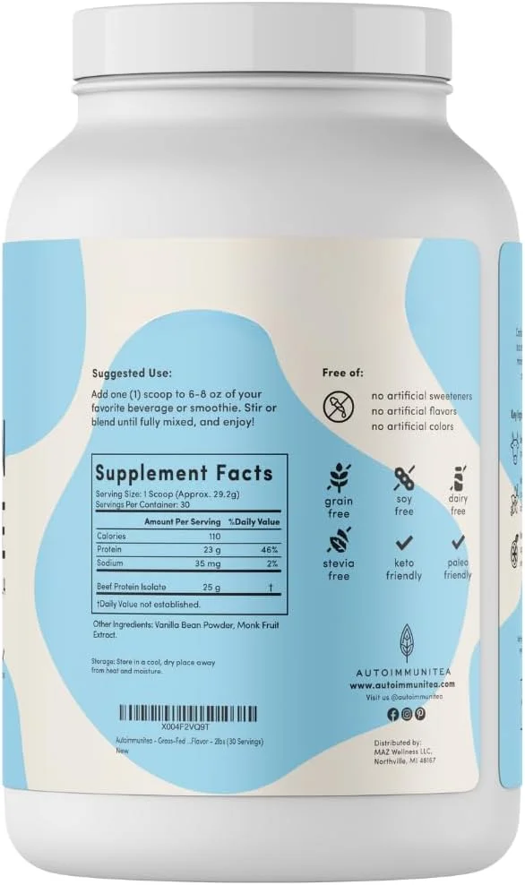 پودر پروتئین ایزوله گوشت گاو تغذیه شده با علف - AutoimmuniTea، 23 گرم پروتئین پالئو کارنیور، مناسب برای کتو، بدون غلات، بدون لبنیات یا سویا، بدون وی، بدون استویا، طعم وانیل - 2 پوند برای عضله سازی پودر پروتئین ایزوله گوشت گاو تغذیه شده با علف - AutoimmuniTea، 23 گرم پروتئین پالئو کارنیور، مناسب برای کتو، بدون غلات، بدون لبنیات یا سویا، بدون وی، بدون استویا، طعم وانیل - 2 پوند برای عضله سازی