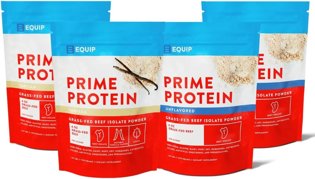 پودر پروتئین شکلاتی پرایم Equip Foods - بدون طعم (x2) و وانیلی (x2) - پودر پروتئین ایزوله گوشت گاو تغذیه شده با علف - مناسب برای رژیم پالئو و بدون گلوتن - کمک به ساخت و ترمیم بافت
