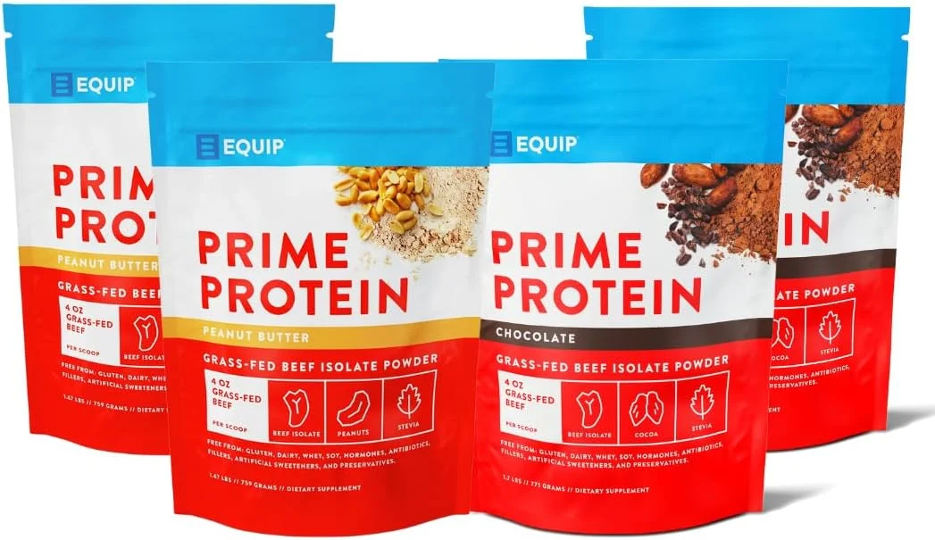 پودر پروتئین ممتاز Equip Foods با طعم کره بادام زمینی (2 عدد) و شکلاتی (2 عدد) - پودر پروتئین ایزوله گوشت گاو تغذیه شده با علف - مناسب رژیم پالئو و بدون گلوتن - کمک به ساخت و ترمیم بافت