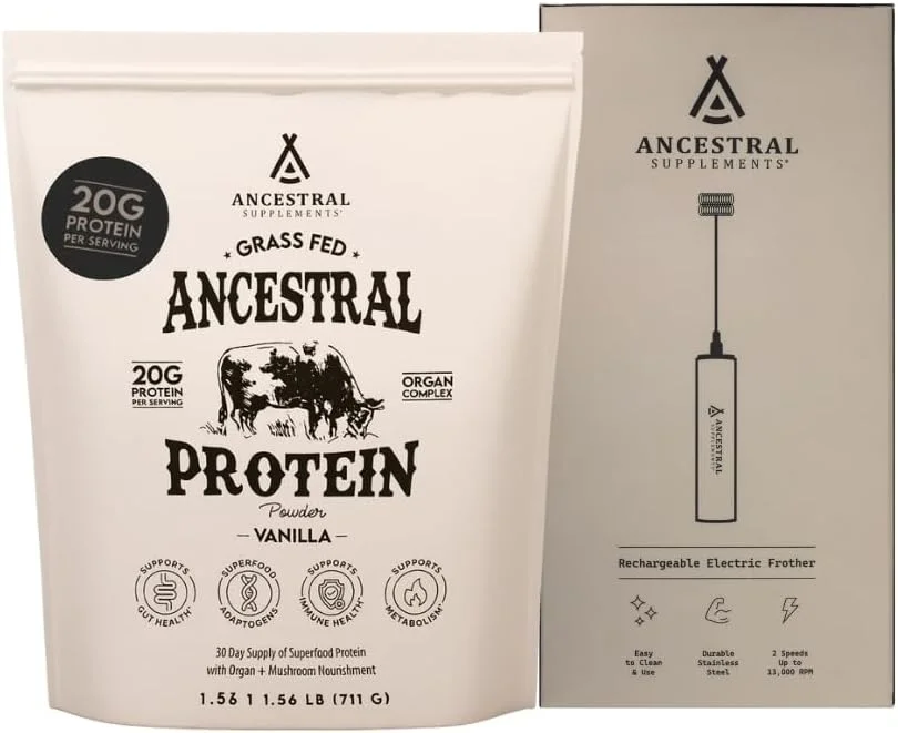 پروتئین وانیلی به همراه همزن برقی - مخلوط ارگان های گاو تغذیه شده با علف با 20 گرم پروتئین، پشتیبانی از سلامت روده و قارچ های ارگانیک، همزن برقی قابل شارژ (همزن دوتایی) پروتئین وانیلی به همراه همزن برقی - مخلوط ارگان های گاو تغذیه شده با علف با 20 گرم پروتئین، پشتیبانی از سلامت روده و قارچ های ارگانیک، همزن برقی قابل شارژ (همزن دوتایی)