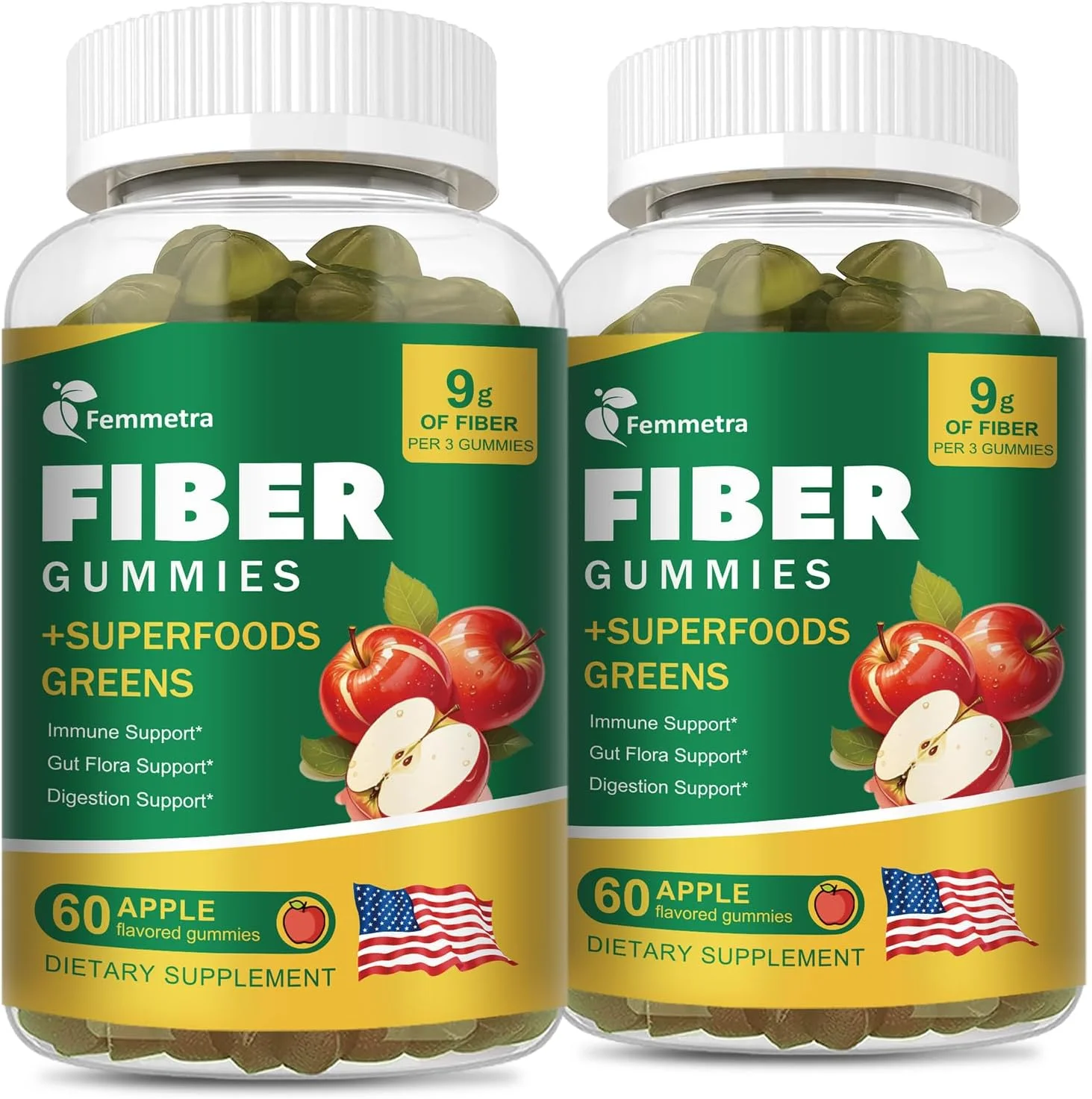 پاستیل فیبر پری‌بیوتیک 13 در 1 برای بزرگسالان - پشتیبانی از هضم با مخلوط سبزیجات و سرکه سیب، طعم سیب بدون شکر برای سلامت روده و نظم - 2 بطری، غیر تراریخته