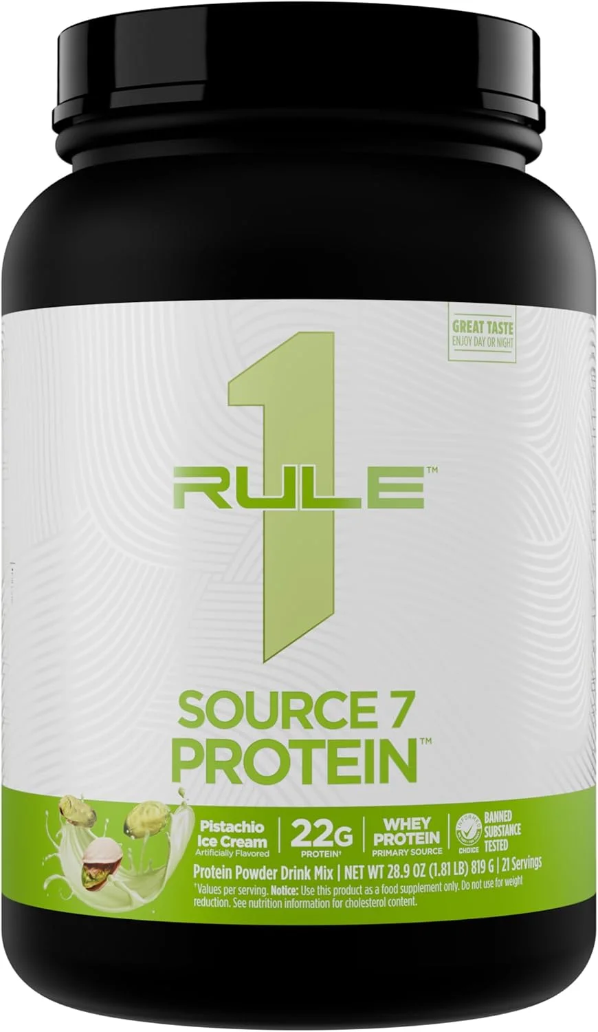 پروتئین Rule 1 Source 7 – طعم لذیذ، بافت مخملی و نرم، 22 گرم پروتئین در هر زمان و 10 گرم آمینو اسیدهای ضروری طبیعی در هر وعده از 7 منبع ممتاز (800 گرم، بستنی پسته)