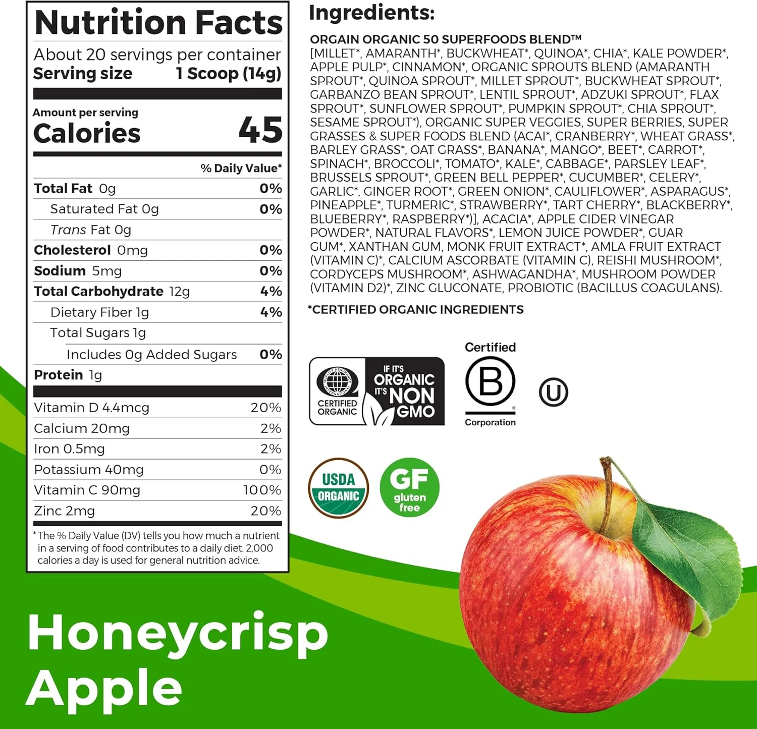 پودر ارگانیک سبزیجات + 50 سوپرفود تقویت کننده ایمنی ارگین، سیب هانی کریسپ - پشتیبانی از سیستم ایمنی، پروبیوتیک ها، ویتامین C، D و روی، سرکه سیب، آشواگاندا، قارچ های کوردیسپس و ریشی - 0.62 پوند پودر ارگانیک سبزیجات + 50 سوپرفود تقویت کننده ایمنی ارگین، سیب هانی کریسپ - پشتیبانی از سیستم ایمنی، پروبیوتیک ها، ویتامین C، D و روی، سرکه سیب، آشواگاندا، قارچ های کوردیسپس و ریشی - 0.62 پوند