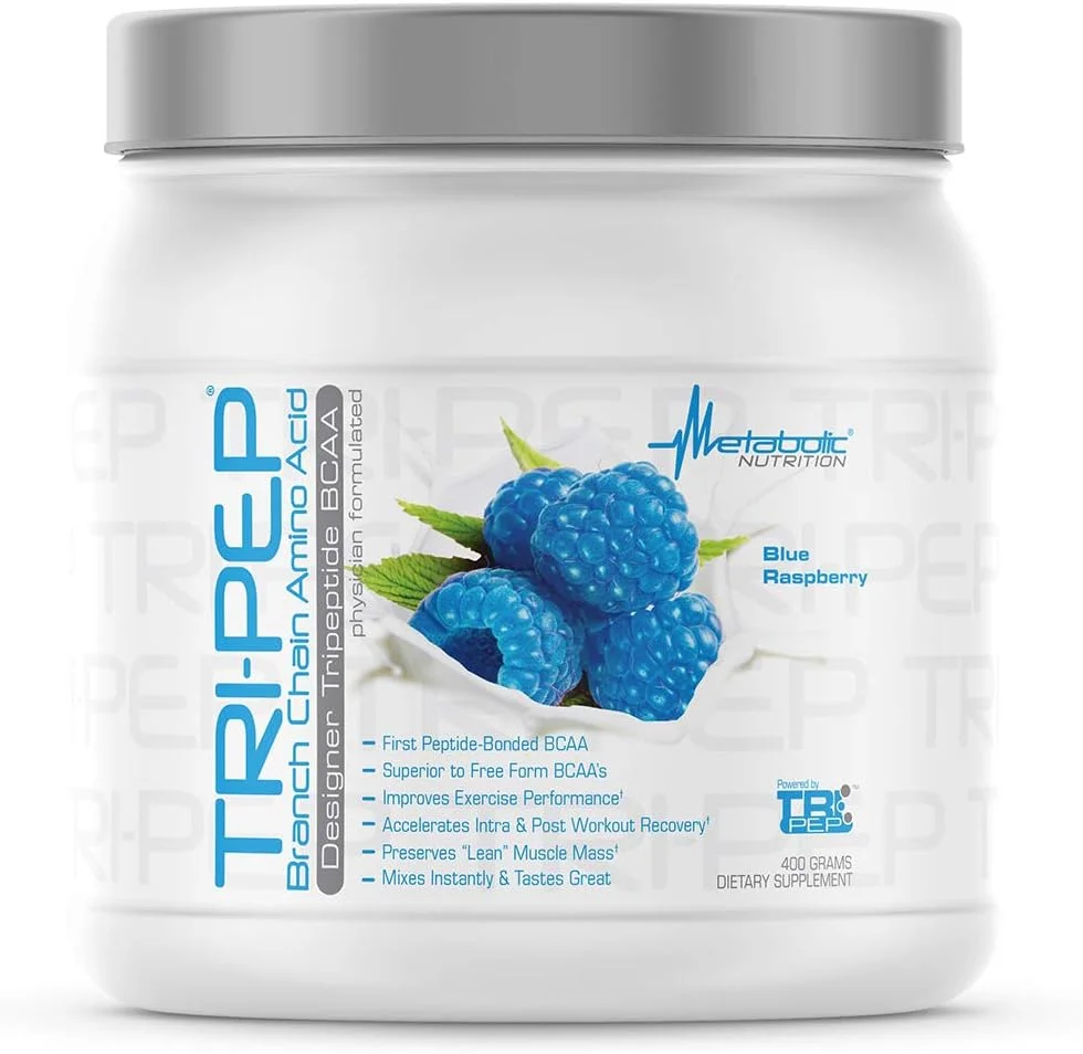 متابولیک نوتریشن - TRIPEP - آمینو اسیدهای شاخه دار تری پپتیدی، پودر BCAA، مکمل قبل، حین و بعد از تمرین، تمشک آبی، 400 گرم (40 سروینگ)