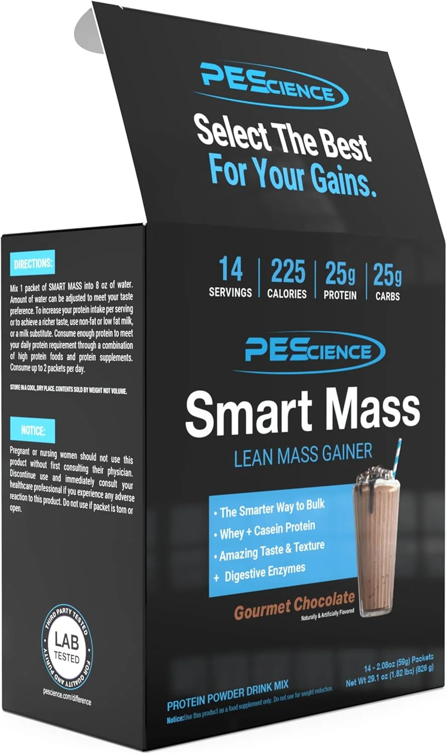 پودر افزایش وزن عضله ای PEScience Smart Mass، ترکیبی از پروتئین وی و کازئین با کربوهیدرات های دیر هضم، بدون مالتودکسترین، 14 بسته - شکلات گورمه پودر افزایش وزن عضله ای PEScience Smart Mass، ترکیبی از پروتئین وی و کازئین با کربوهیدرات های دیر هضم، بدون مالتودکسترین، 14 بسته - شکلات گورمه