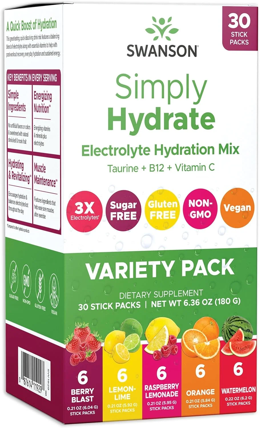مخلوط الکترولیت Swanson Simply Hydrate - بسته متنوع بدون شکر - 30 بسته | ترکیب پیشرفته الکترولیت | راه حل مناسب برای استفاده در حال حرکت