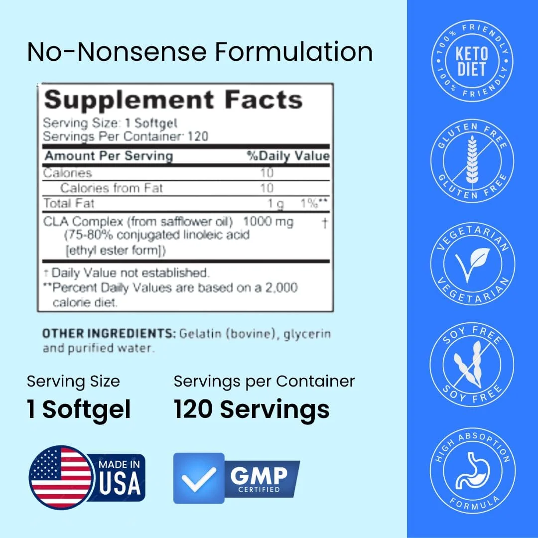 سی ال ای 1000 میلی گرم، اسید لینولئیک مزدوج چربی سوز برای مدیریت وزن و تعریف عضلات، قدرت بالا، مناسب برای کتو، مکمل غیر محرک سی ال ای، غیر GMO، 120 سافت ژل