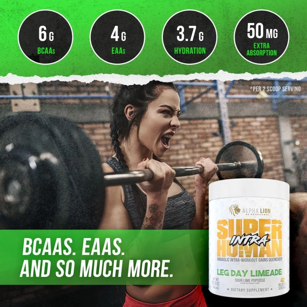 پودر تمرینات ورزشی آلفا لایون Superhuman Intra برای آقایان و بانوان، نوشیدنی اسیدهای آمینه، مکمل ریکاوری عضلات، پودر BCAA، مخلوط الکترولیت و آبرسانی (42 سروینگ، طعم لیمو)