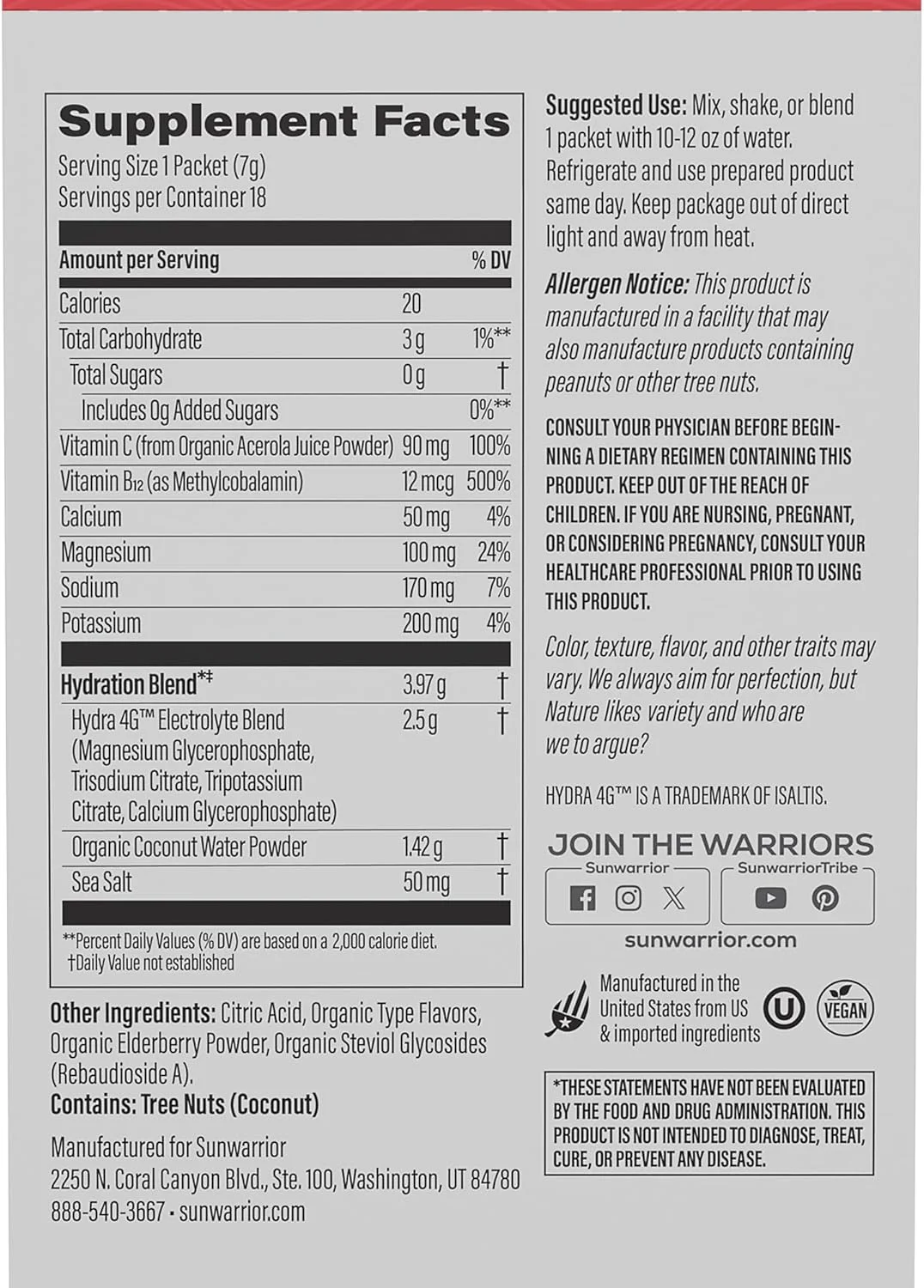 پودر هیدراتاسیون سان واریر، بسته های الکترولیت | طعم توت فرنگی و نارگیل | 18 بسته چوبی 126 گرمی | وگان، گیاهی و بدون شکر | B12، آقطی و الکترولیت ها | هیدراتاسیون فعال