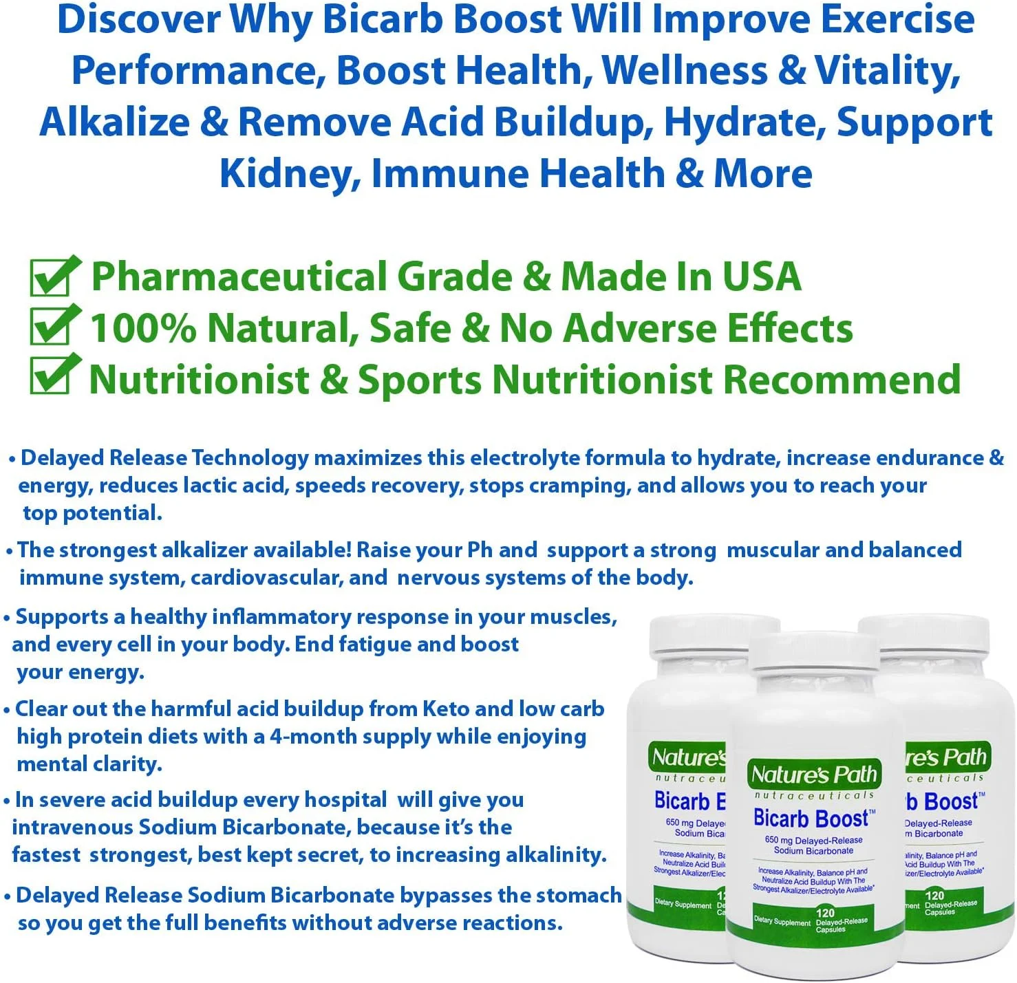 قرص های بی کربنات سدیم 650 میلی گرم - قوی ترین قرص های قلیایی - مکمل الکترولیت و قرص های الکترولیت کتو، قرص های نمکی آبرسانی و احیای مجدد، استقامت، بنیه: 120 کپسول