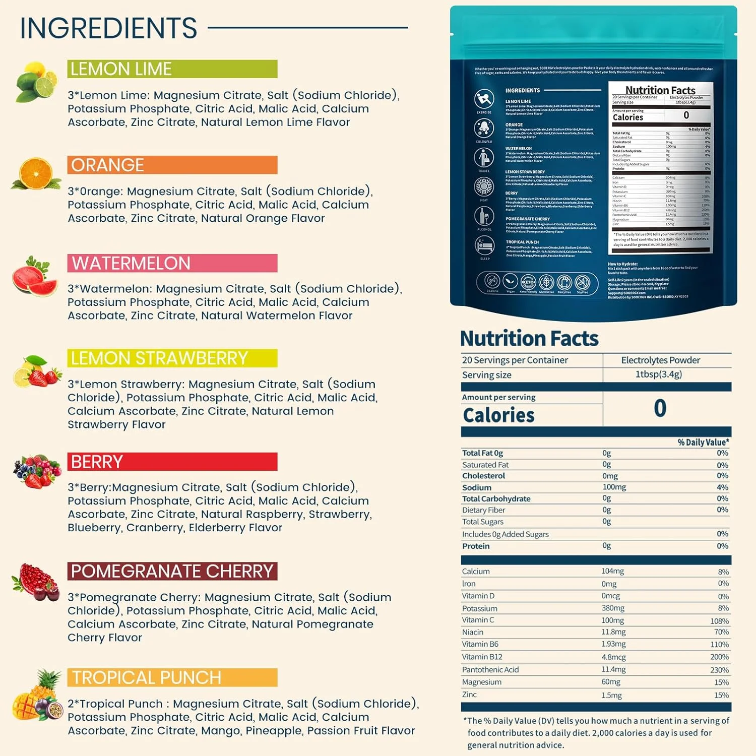 پودر الکترولیت بدون قند، بسته های آبرسان، 7 طعم مختلف، مخلوط نوشیدنی الکترولیتی روزانه برای آبرسانی مجدد با الکترولیت ها، ویتامین ها، 0 کالری، 20 عدد