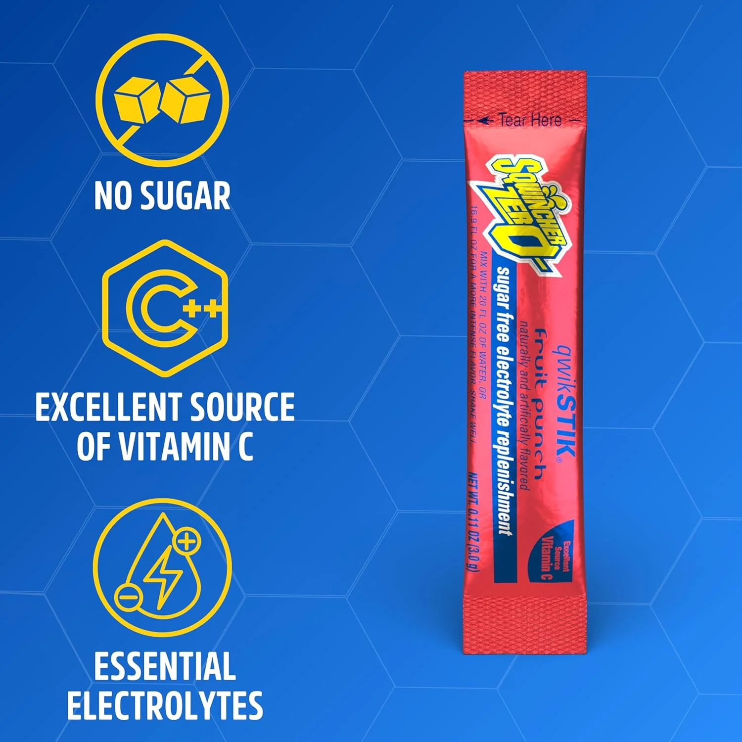 پودر نوشیدنی الکترولیتی بدون قند و کم کالری Sqwincher Zero Qwik Stik با طعم پانچ میوه، کم سدیم، بسته 50 عددی