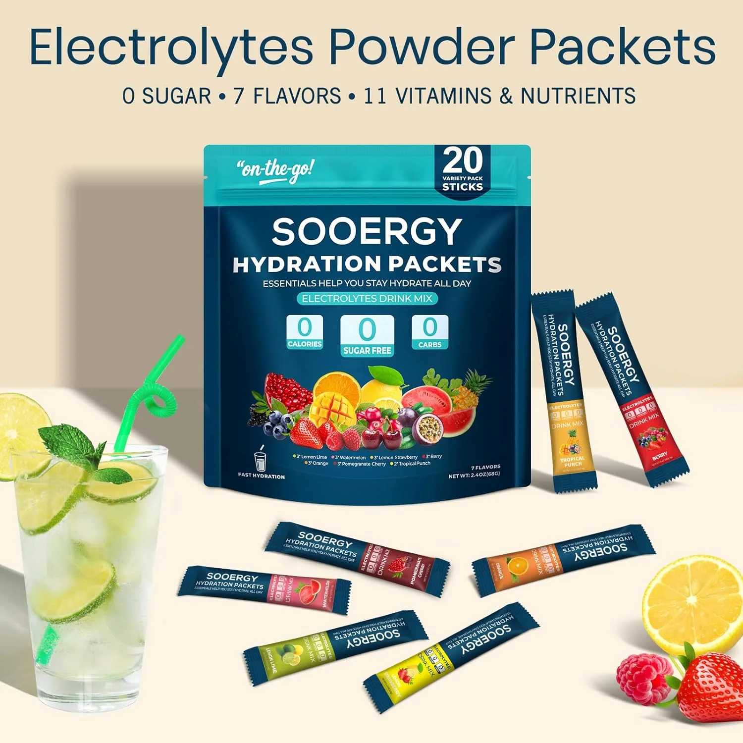 پودر الکترولیت بدون قند، بسته های آبرسان، 7 طعم مختلف، مخلوط نوشیدنی الکترولیتی روزانه برای آبرسانی مجدد با الکترولیت ها، ویتامین ها، 0 کالری، 20 عدد