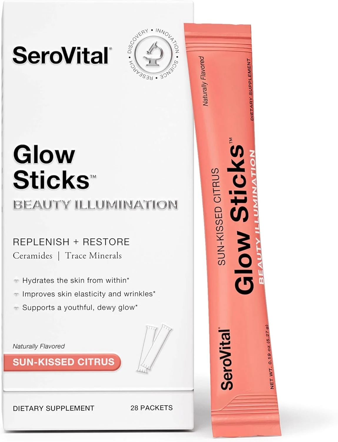 پودر مخلوط نوشیدنی بدون قند Serovital Glow Sticks با اسید هیالورونیک، سرامیدها و الکترولیت ها برای آبرسانی پوست در 14 روز - طعم مرکبات آفتاب بوسه خورده - 28 بسته پودر مخلوط نوشیدنی بدون قند Serovital Glow Sticks با اسید هیالورونیک، سرامیدها و الکترولیت ها برای آبرسانی پوست در 14 روز - طعم مرکبات آفتاب بوسه خورده - 28 بسته