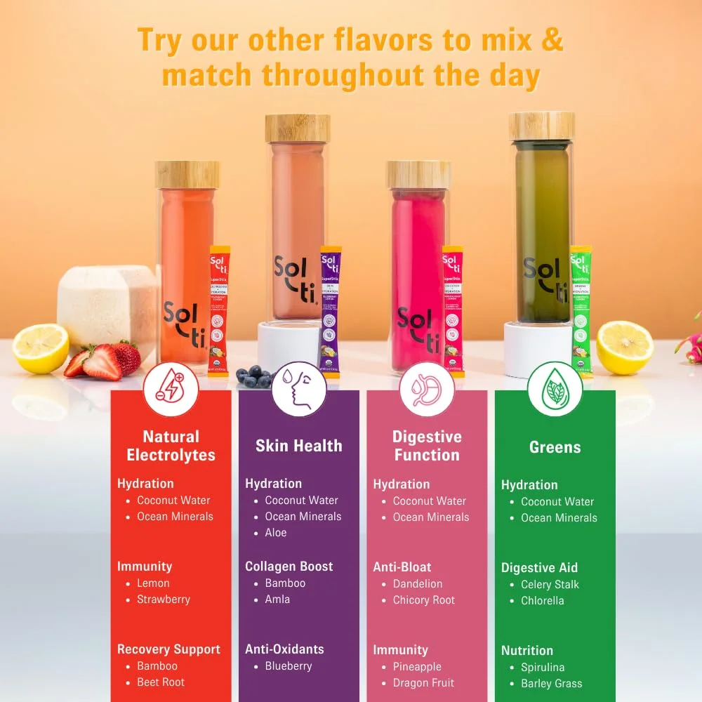 مخلوط نوشیدنی الکترولیت و آبرسان ارگانیک، پودر آبرسان سوپرفود، SuperStix از Sol-ti، غیر GMO، وگان، توت فرنگی لیمو، 14 عدد پودر تک نفره