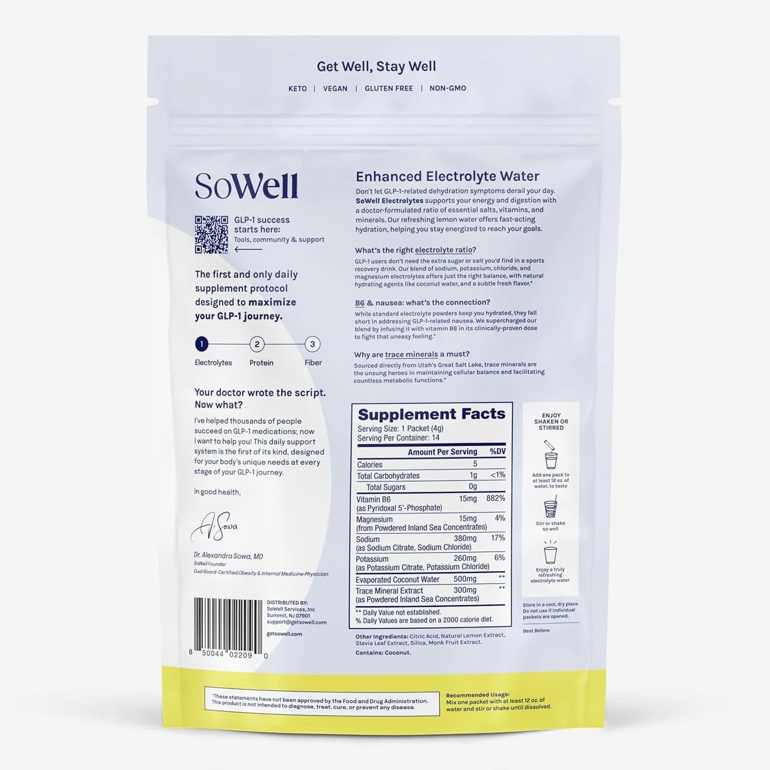 مخلوط نوشیدنی الکترولیت آب لیمو SoWell، پودر الکترولیت پشتیبانی از هیدراتاسیون با آب نارگیل، مواد معدنی کمیاب و ویتامین های B6، بدون شکر، 14 بسته چوبی