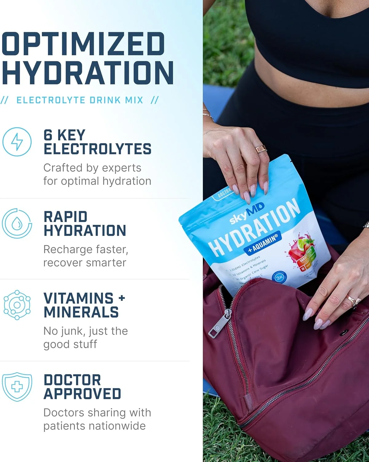 پودر الکترولیت آبرسان روزانه skyMD | کم شکر، 10 کالری | 12 ویتامین و ماده معدنی، سدیم | مخلوط نوشیدنی برای انرژی و ریکاوری | بسته متنوع | 16 عدد