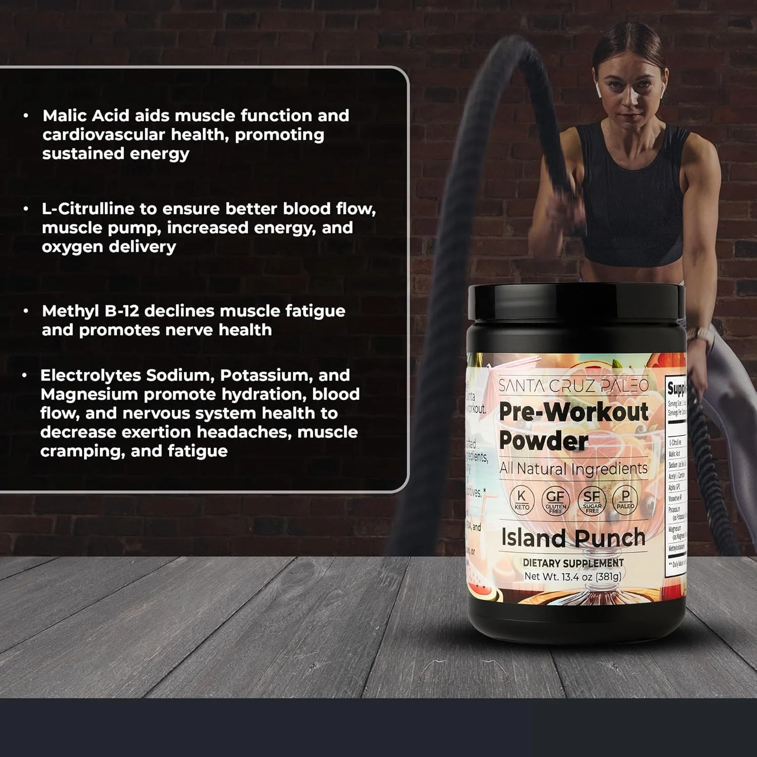 پودر مکمل ورزشی قبل تمرین Santa Cruz Paleo با الکترولیت ها، منیزیم، پتاسیم، نمک دریا و ال سیترولین، بدون کافئین و شکر، طعم پانچ استوایی، 30 سروینگ