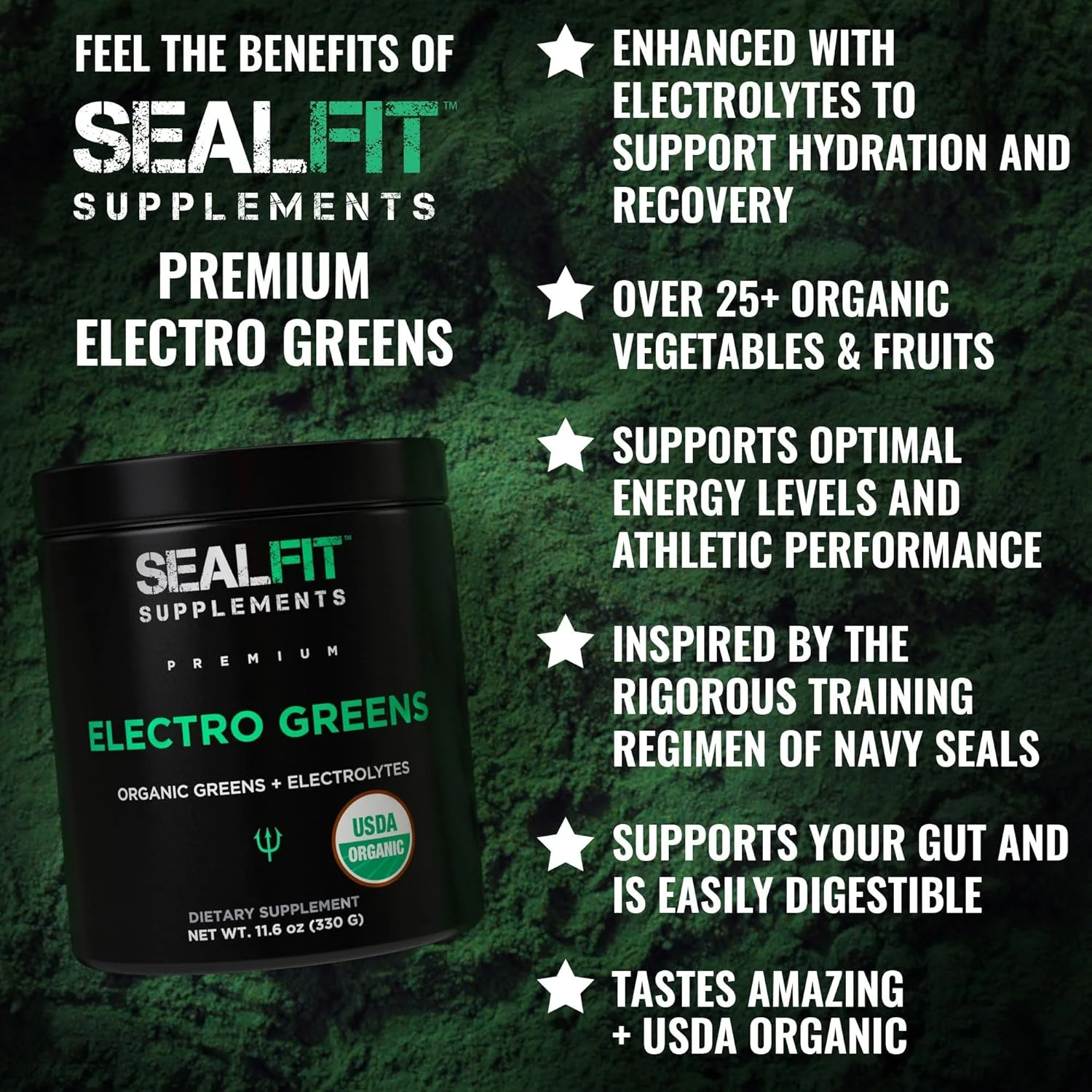 پودر سوپرفود سبزیجات ارگانیک ElectroGreens SEALFIT + الکترولیت. بیش از 25 سوپرفود برای انرژی و هیدراتاسیون. آبمیوه سبز و پودر الکترولیت، الهام گرفته از مارک دیواین، تفنگدار سابق نیروی دریایی