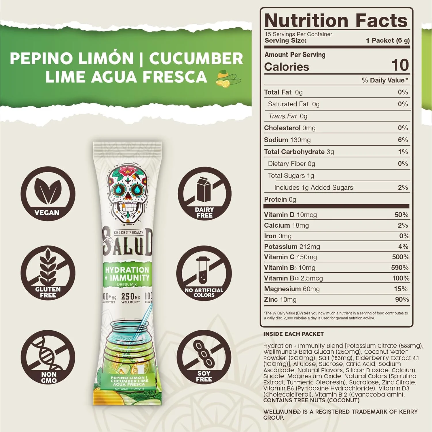 پودر الکترولیت و تقویت سیستم ایمنی بدن سالود، طعم خیار لیمو - ترکیب نوشیدنی آگوا فرسکا، حاوی الدربری، فاقد لبنیات و سویا، غیر GMO، فاقد گلوتن، وگان، کم کالری، 1 گرم شکر (15 سروینگ)