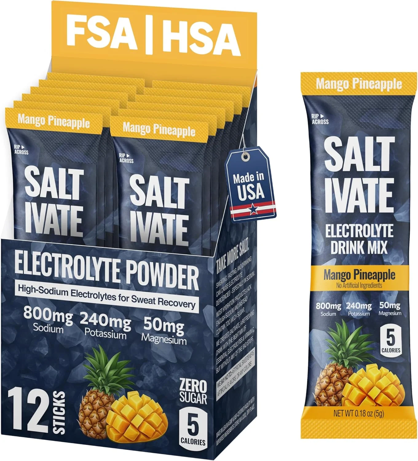 الکترولیت آناناس انبه | سدیم 800 میلی گرم | پودر الکترولیت شیرین شده با استویا و بدون شکر | آبرسانی برای ریکاوری عرق، روزه داری، POTS | 12 بسته (32 Fl Oz)