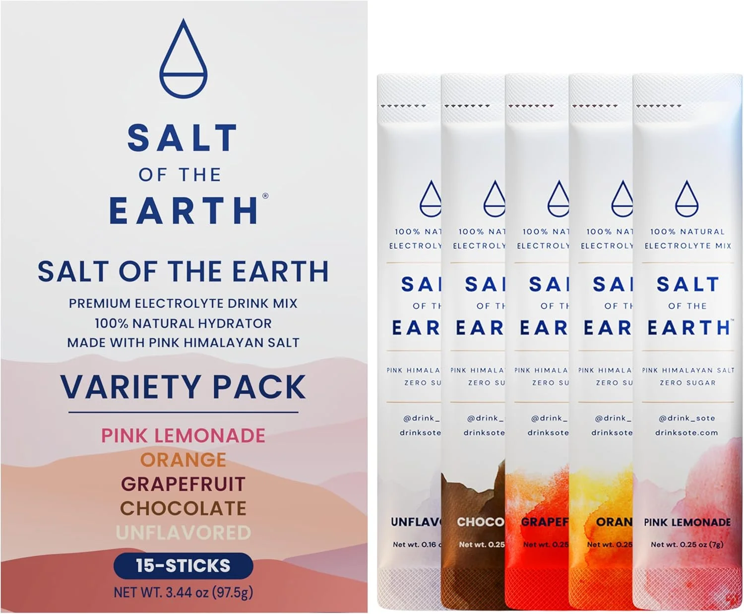 الکترولیت ممتاز بدون قند Salt of the Earth – تهیه شده با نمک صورتی هیمالیا – بسته های پودر آبرسان | بسته نمونه طعم های متنوع | مناسب برای کتو و پالئو | 3 عدد از هر طعم، 15 عدد در مجموع